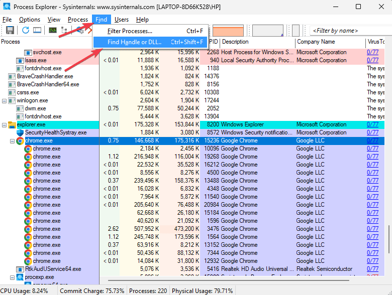 Explorateur de processus Rechercher un handle de processus verrouillé