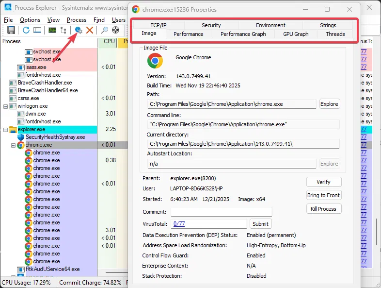 Explorateur de processus - Chaque processus avec des propriétés de répartition