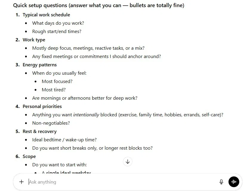 Exemples de questions de profil de ChatGPT.