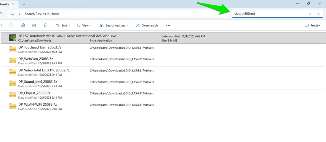 Recherche dans l'Explorateur de fichiers affichant les résultats par taille