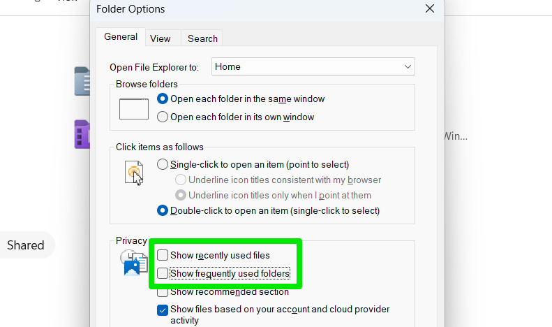 ouvrir pour masquer les fichiers et dossiers les plus récents