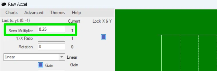 Le multiplicateur Raw Accel Sens est réglé sur un niveau bas