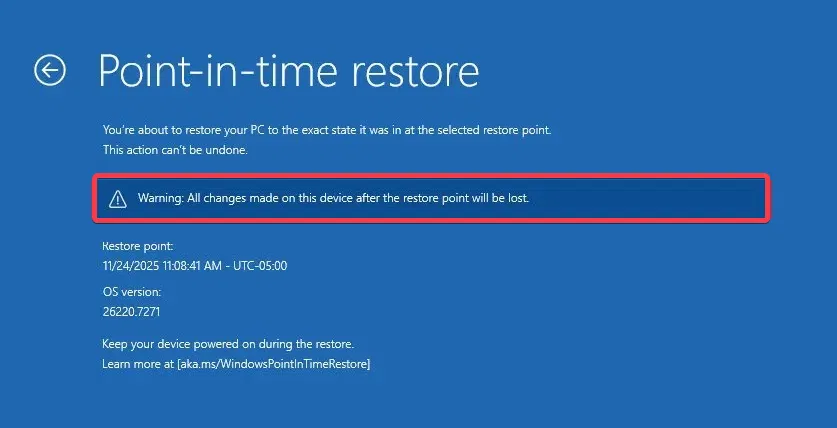 Point de restauration d'avertissement