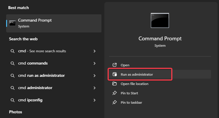 Cmd en tant qu'administrateur