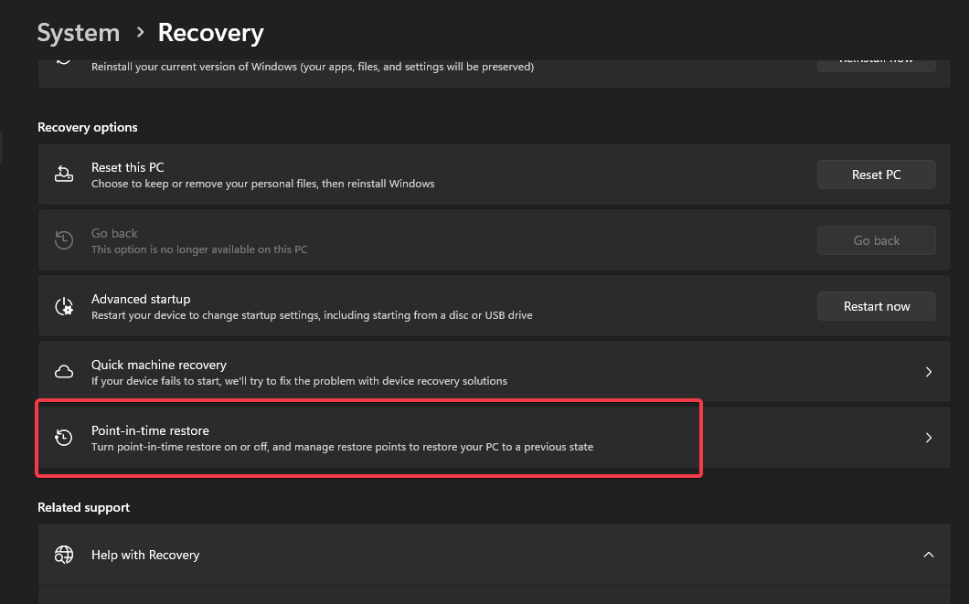 Options de récupération ponctuelle