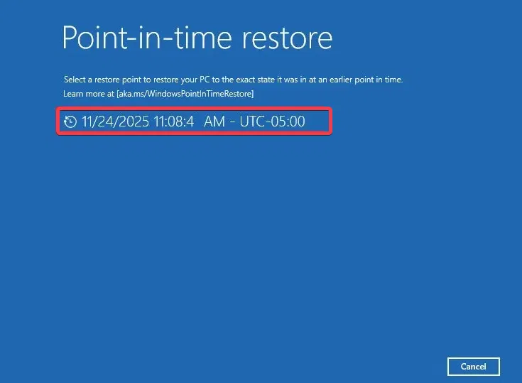 Choisissez un point de restauration