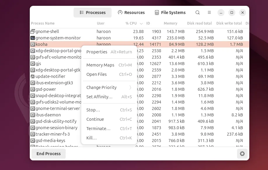 Moniteur système affichant diverses options de l'application