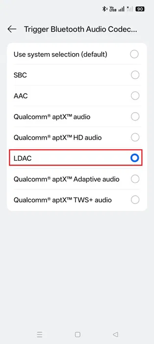 Sélection du codec audio le plus élevé, LDAC, plutôt que des valeurs par défaut du système.