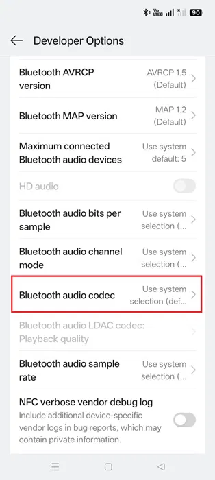 Le codec audio Bluetooth peut être modifié à partir des options de développement sous Android.