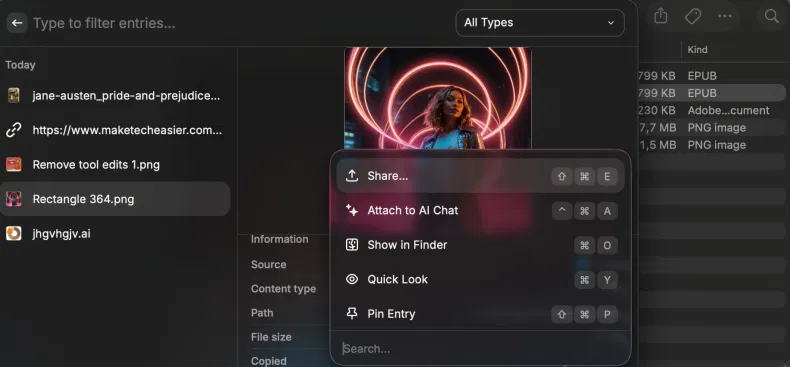 Options pour l'élément dans l'historique du Presse-papiers lors de l'utilisation de Raycast sur Mac.
