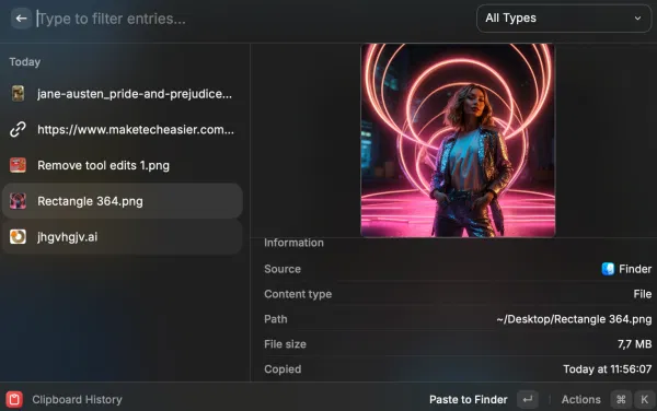 Affichage des éléments dans l'historique du Presse-papiers avec Raycast sur Mac.