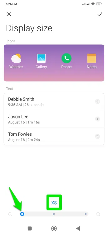 Curseur de réglage de la taille d'affichage affichant la taille XS