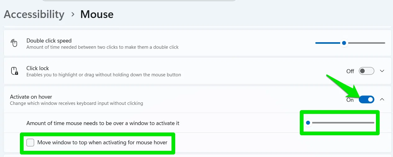 Option Active au survol dans les paramètres Windows