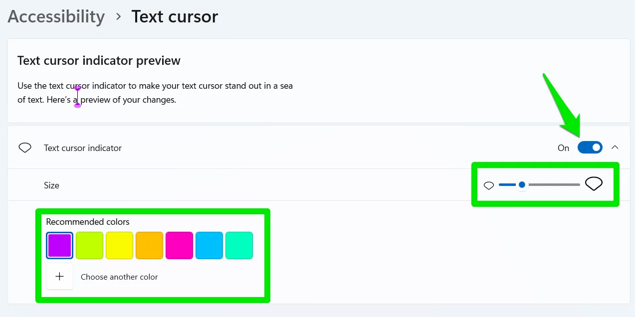 Indicateur de curseur de texte avec personnalisation des couleurs dans les paramètres Windows