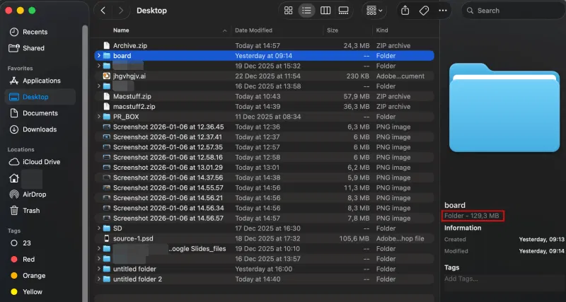 Affichage de la taille du dossier dans la vue Aperçu sur macOS. 