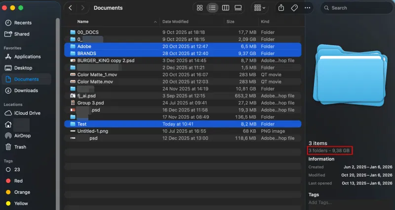 Vue combinée de plusieurs tailles de dossiers sur macOS.