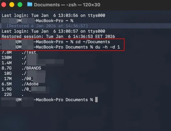 Affichage de la taille des dossiers via Terminal sur macOS.