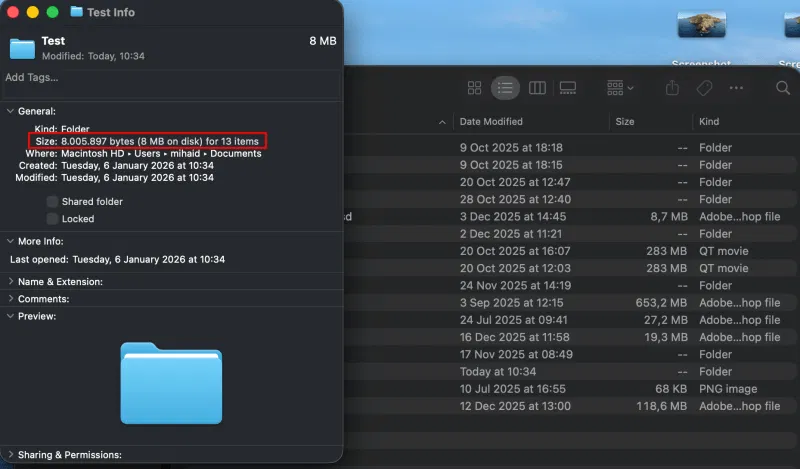 Affichage de la taille du dossier dans la fenêtre Obtenir des informations sur macOS.