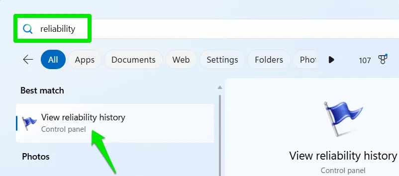 Ouverture du moniteur de fiabilité à partir de la recherche