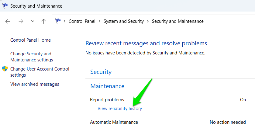 Ouverture du moniteur de fiabilité à partir du panneau de configuration