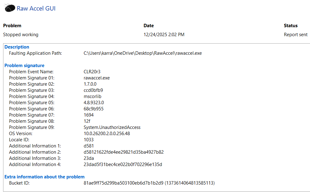 Reliability Monitor affichant des problèmes avec l'application Raw Accel
