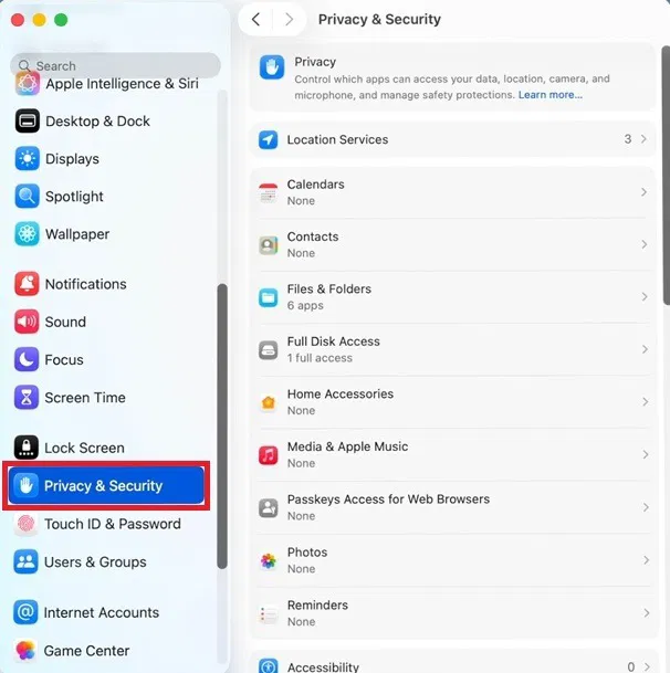 Affichage des autorisations dans macOS Tahoe.