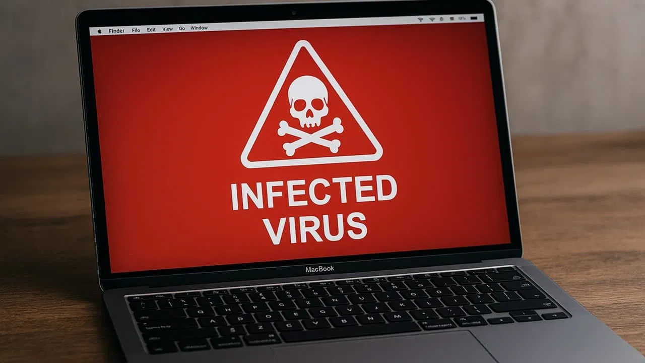 Image featuring a realistic MacBook with an infected virus sign on the screen.