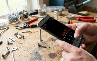 A man on a workbench with phone in hand showing magnetometer reading