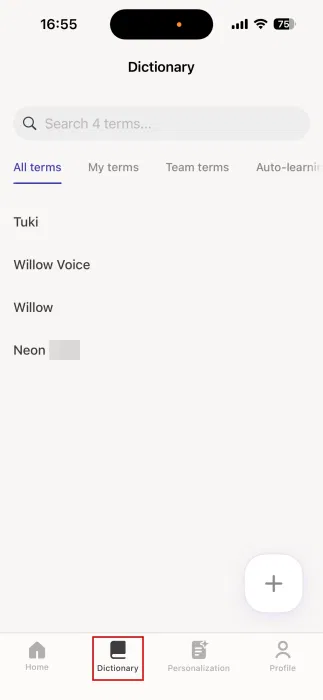 Ajout de nouveaux termes au dictionnaire Willow sur iPhone. 