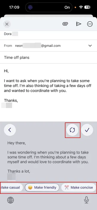 Suggestions d’amélioration du texte AI dans l’application Willow sur iPhone.