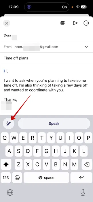 Appuyez sur l’icône du stylo magique sur le clavier Willow sur iPhone. 