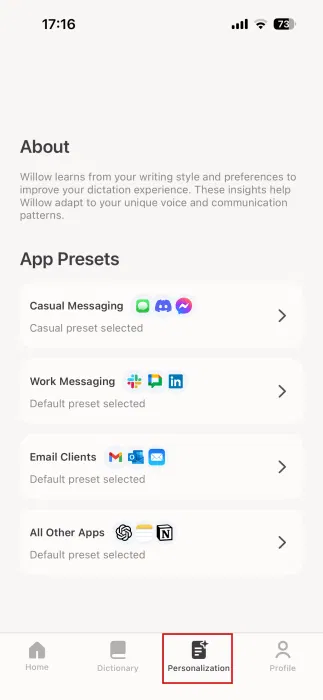 Utilisation d'un préréglage d'application dans l'application Willow sur iPhone.