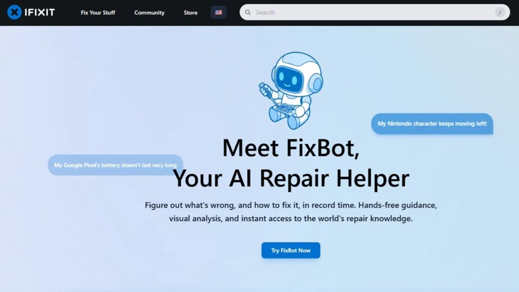FixBot homepage with sample questions.