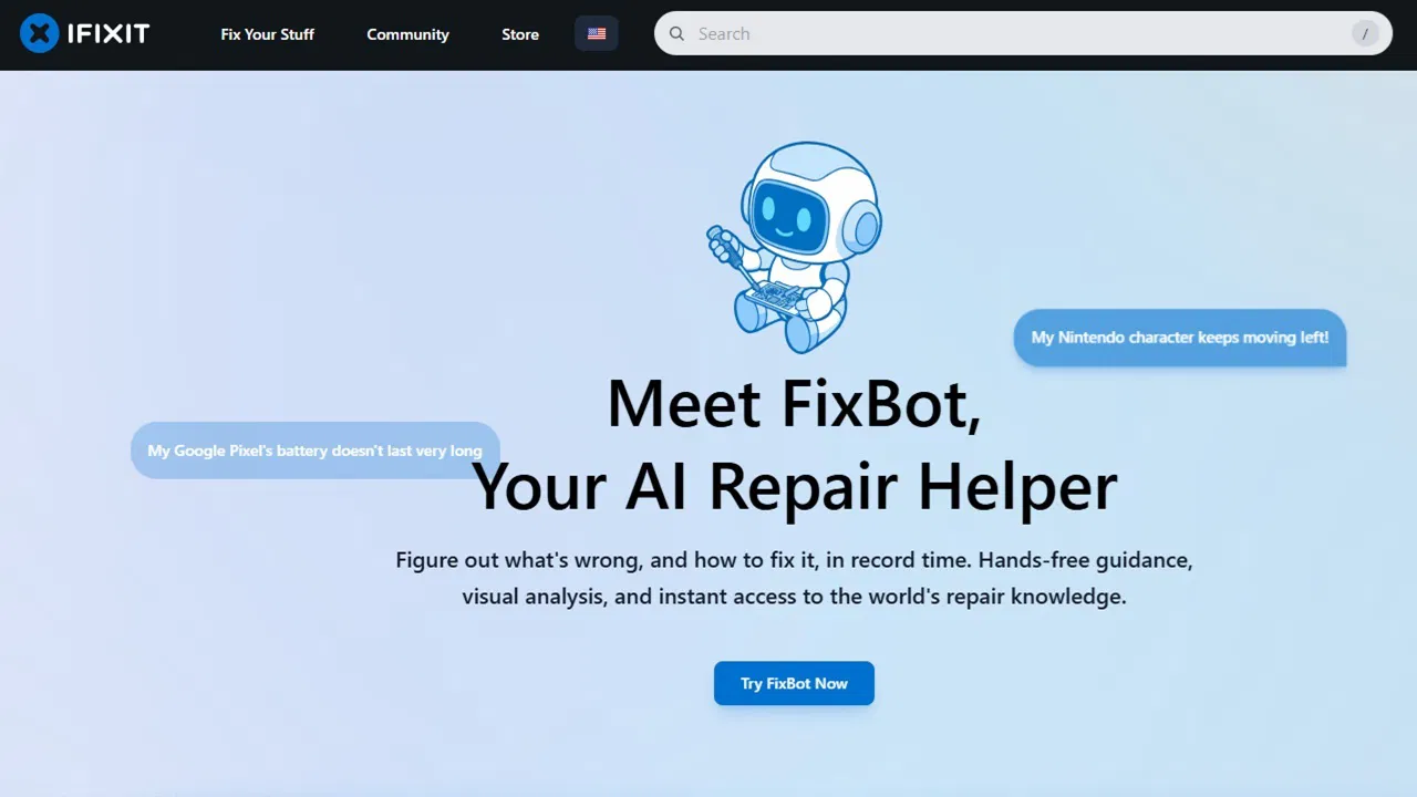 FixBot homepage with sample questions.