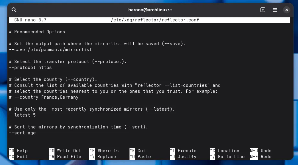 Fichier de configuration du réflecteur avec diverses options et indicateurs