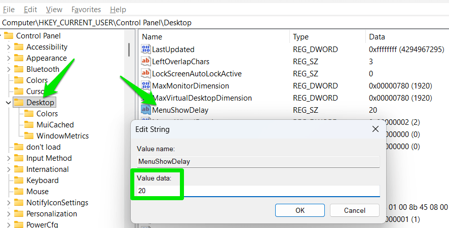 MenuShowDelay étant défini sur 20 dans le registre