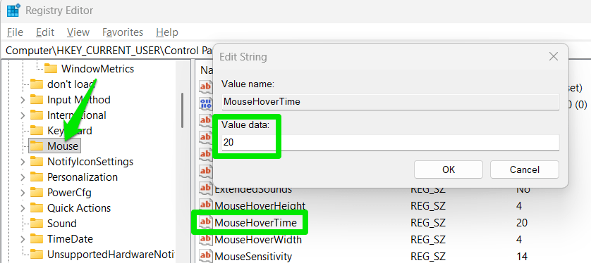 Mousehovertime étant défini sur 20 dans le registre