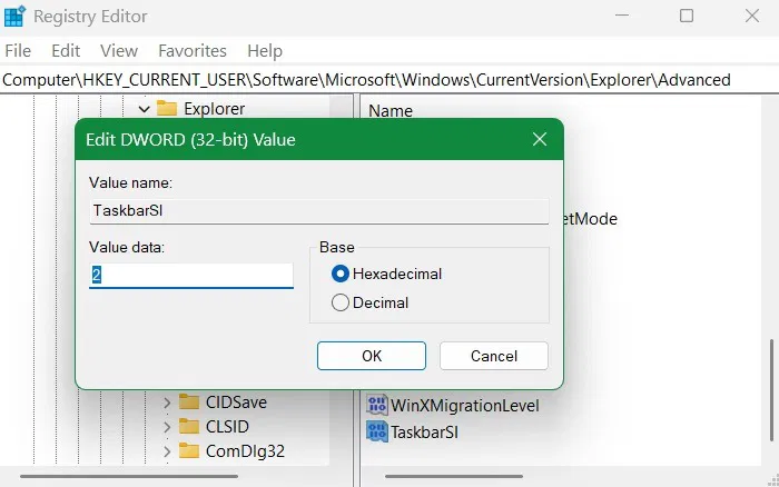 TaskbarSI, une valeur DWORD modifiée, définie sur 