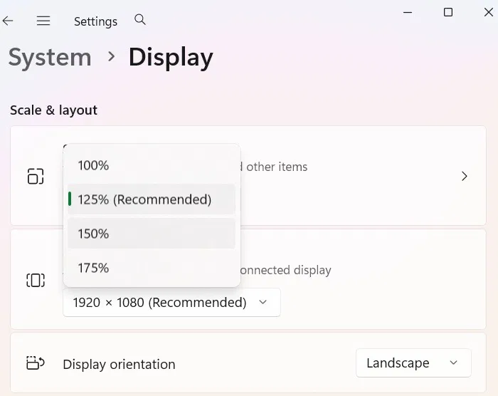 Redimensionnement de l'échelle pour un affichage système au-dessus de 125 pour cent recommandé.