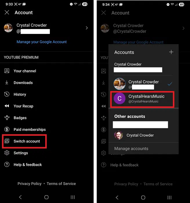 Passer à un deuxième profil dans YouTube Music sur Android.