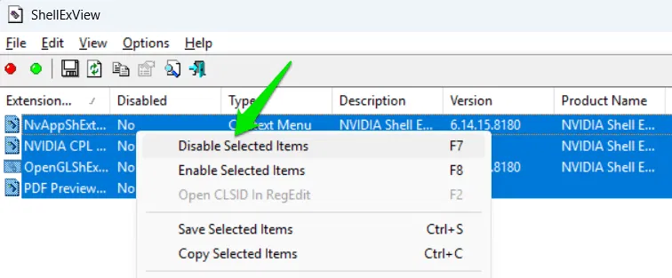 Désactivation des éléments du menu contextuel dans ShellExView