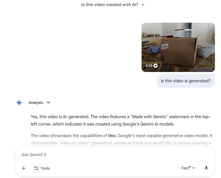 Test d'une vidéo Gemini Veo dans Gemini.