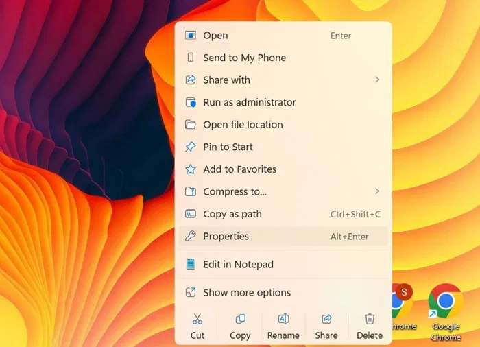 Faites un clic droit sur les propriétés de Chrome sur un bureau Windows 11.
