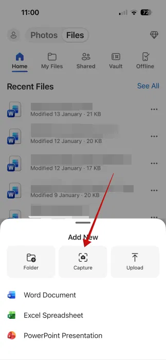 Option de capture Onedrive retirée de Microsoft Lens
