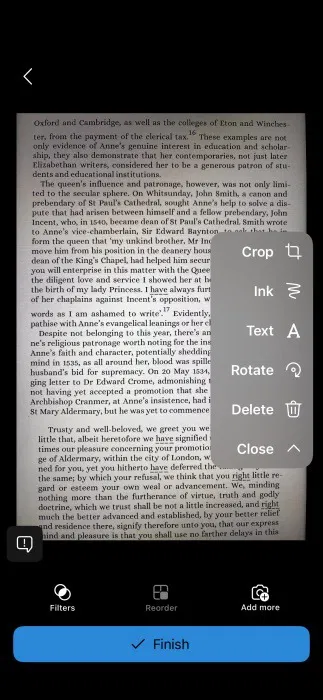 Menu d'édition du document numérisé dans l'application OneDrive sur iPhone. 