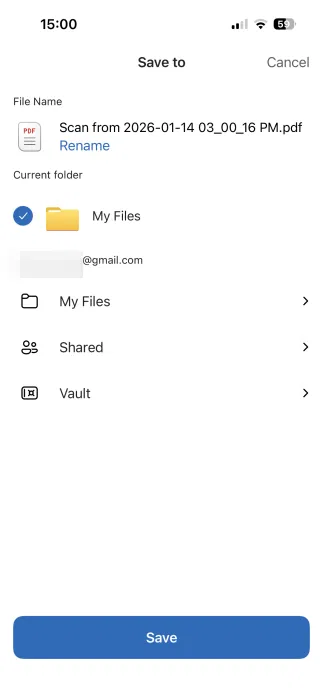 Enregistrement du fichier numérisé dans l'application OneDrive sur iPhone. 