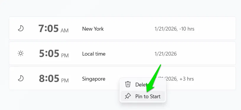 Épingler le fuseau horaire au menu Démarrer