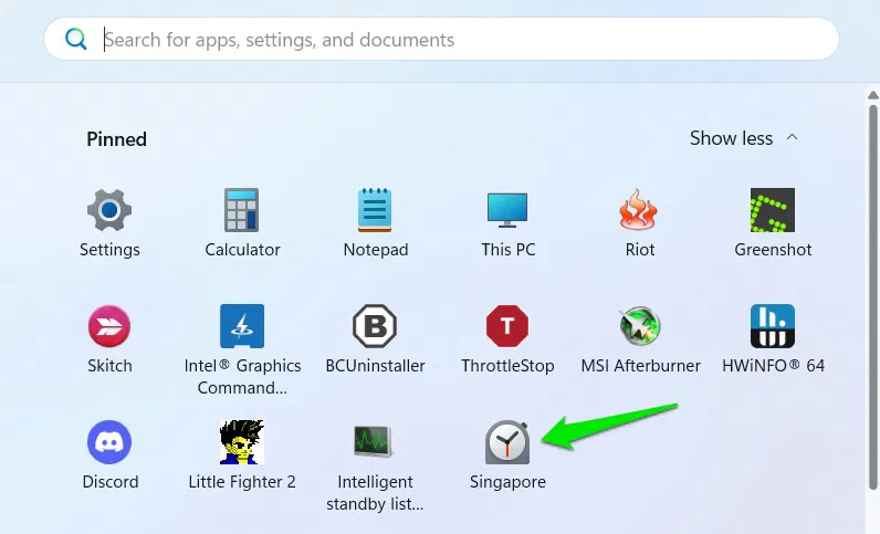 Fuseau horaire dans le menu Démarrer de Windows 11