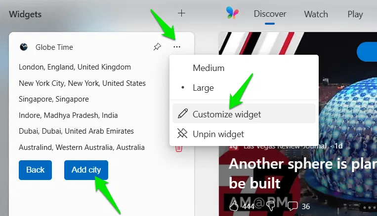 Options de personnalisation du widget Globe Time