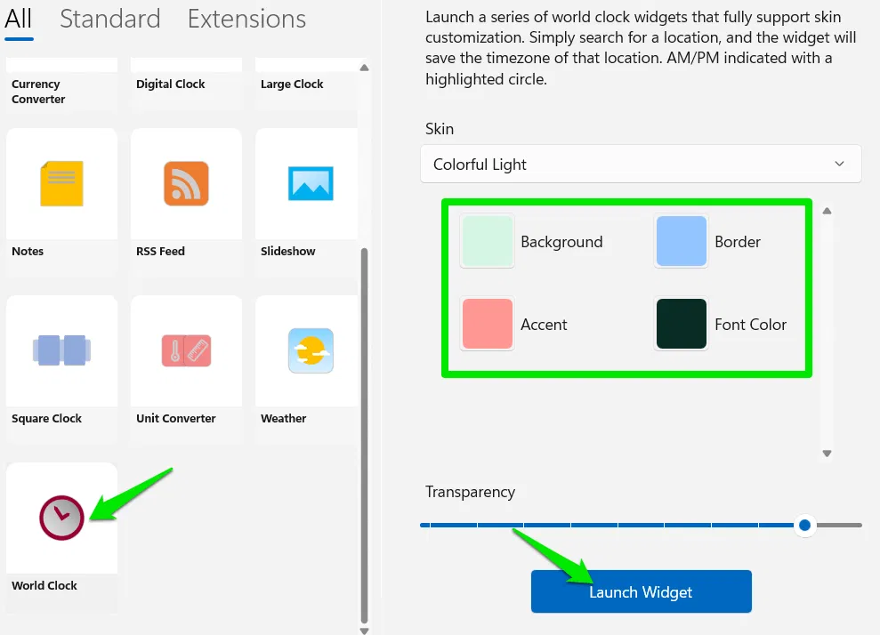 Personnalisation de l'horloge mondiale dans Widget Launcher